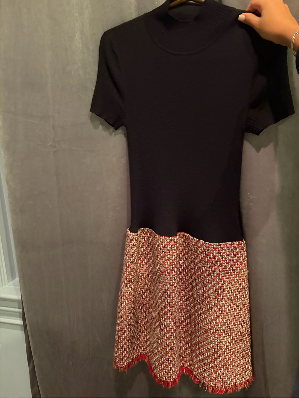 PAULE KA Black Top with Red-Tone Tweed Crewneck Dress